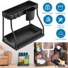 2 Pack 2-Tier Under Sink Organizer L-Shape Sliding Cabinet Organizers Storage Shelves with 8 Removable Hooks 2 Hanging Cups for Bathroom Kitchen Offic