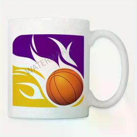 11oz Purple and Golden Flaming Basketball Ceramic Coffee Mug - Stylish Sports-Themed Design with Fiery Basketball