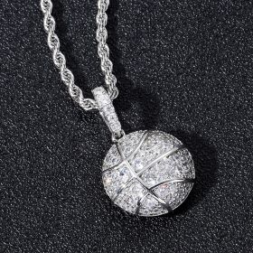 Sports Basketball Pendant Hip Hop Micro Set Zircon Men's Necklace (Color: O0RF5-silver)