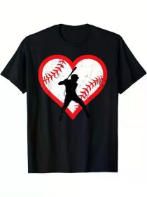 Baseball Heart Design T-Shirt, 100% Cotton Crew Neck Tee, Casual Sports Style for Men & Teens, Geometric Pattern Applique, Perfect for Valentine' (Color: Black, size: S)