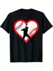 Baseball Heart Design T-Shirt, 100% Cotton Crew Neck Tee, Casual Sports Style for Men & Teens, Geometric Pattern Applique, Perfect for Valentine' (Color: Black, size: XL)