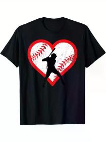 Baseball Heart Design T-Shirt, 100% Cotton Crew Neck Tee, Casual Sports Style for Men & Teens, Geometric Pattern Applique, Perfect for Valentine' (Color: Black, size: XXXL)