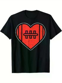 [Everyday Comfort] Men's Football Heart Graphic T-Shirt - Black Cotton, Short Sleeve, Crew Neck, Sport Lover Gift, Valentine's Day Casual Wear (Color: Black, size: XL)