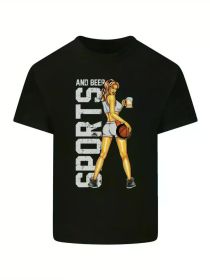 Basketball Sports & Beer Funny Mens Light Cotton T-ShirtComfortable & fashionable Couple Clothing (Color: Black, size: L)