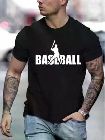 Crew Neck Baseball Print Men's Fashionable Summer Short Sleeve Sports T-shirt, Comfortable And Versatile (Color: Black, size: XXL)