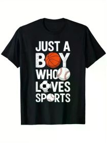 Boys' Sports-Themed Cotton T-Shirt - "Just a Boy Who Loves Sports" Design with Basketball, Soccer, Baseball Graphics (Color: Black, size: XXXL)