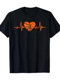 1pc Men'S Cotton Basketball Heartbeat Graphic T-Shirt, Short Sleeve, Crew Neck, Casual Sports Tee for All Seasons, Mature Style, Regular Fit (Color: Black, size: XXL)